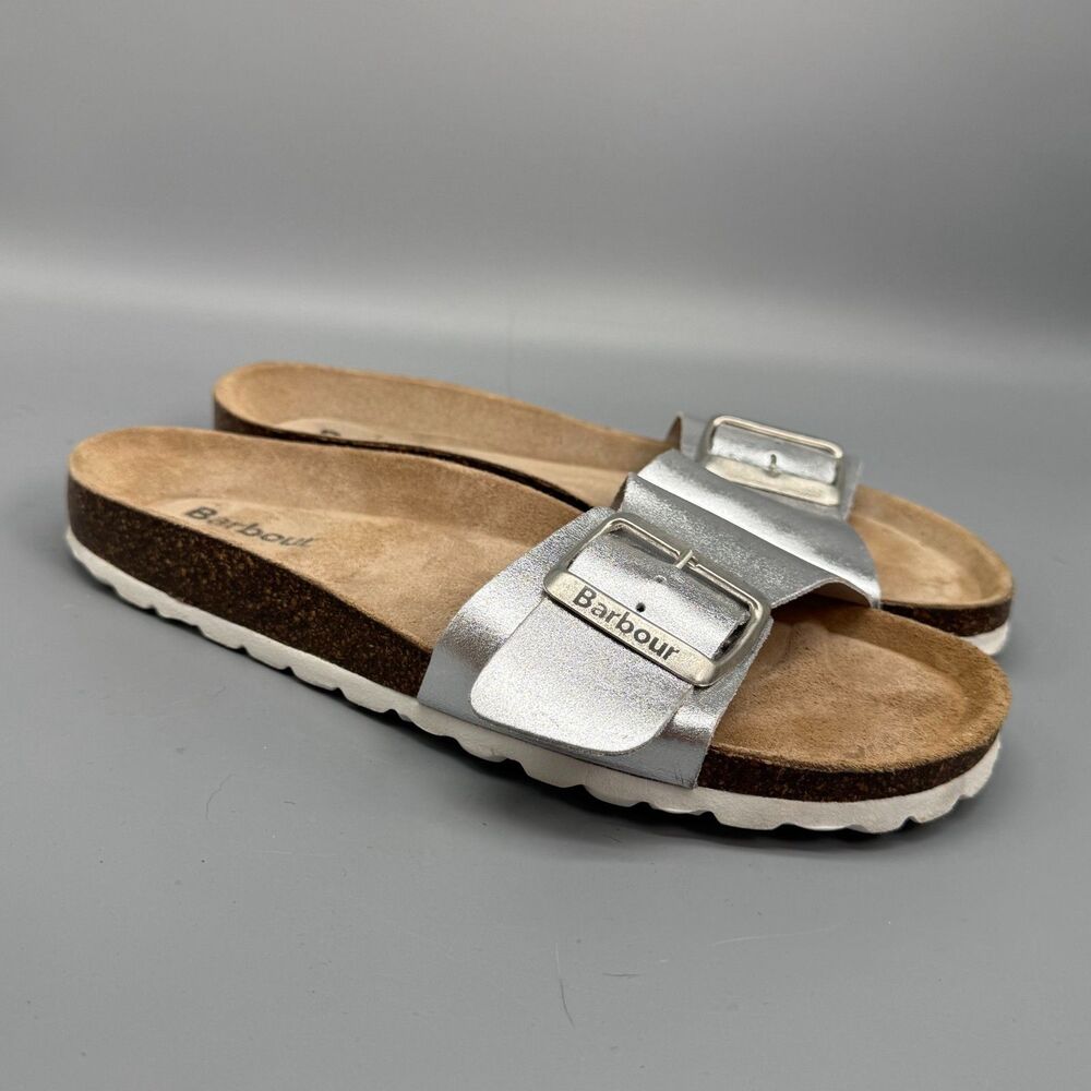 Barbour Benton Women's 7 Silver Leather Slipper Sandals Slip-On Open Toe Comfort